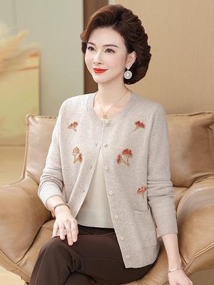 100% Pure Wool Knitted Cardigan - Fashionable Autumn/Winter Wear for Middle-Aged and Elderly Women