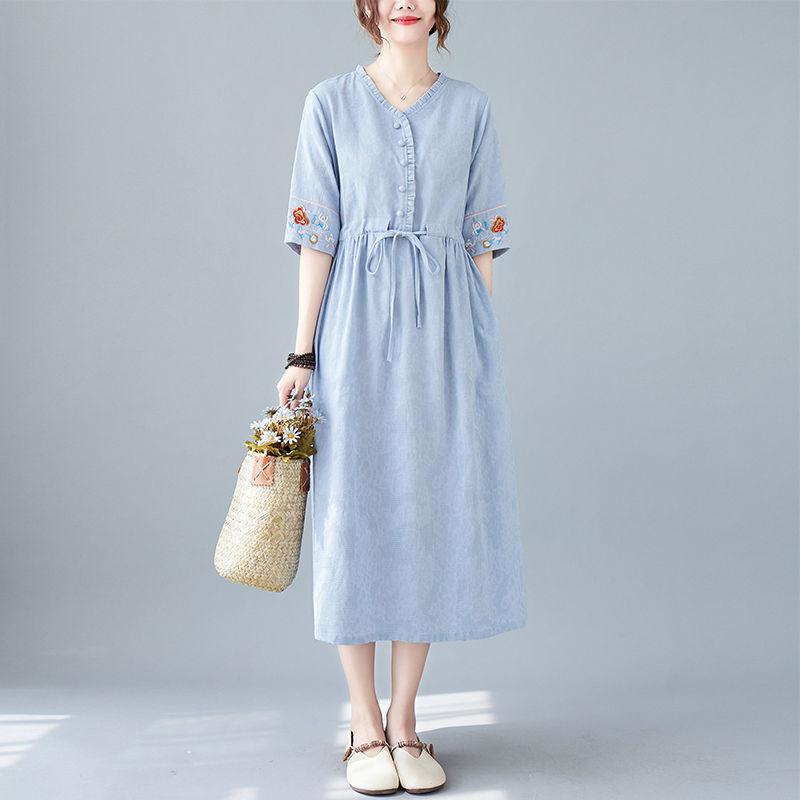 Summer New Fashion Vestidos Women Casual Elegant Cotton Ramie Embroidery Loose Plus Size Vintage Beach Midi Dress M-2XL