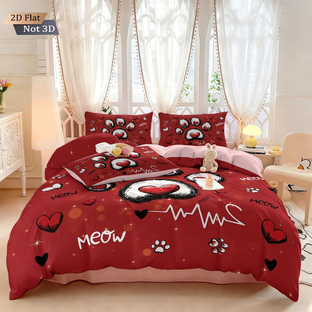3pcs Valentine's Day Red Cat Claw Printed Bedsheet Set Multi Size Bedroom Dormitory Bed Holiday Decoration Machine Washable