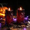 Plastic Halloween Figurine Flameless LED Candle, Spooky Face Tree Stump Pillar Atmospheric Festival Decoration Wax Drip Flickering Fake Candle