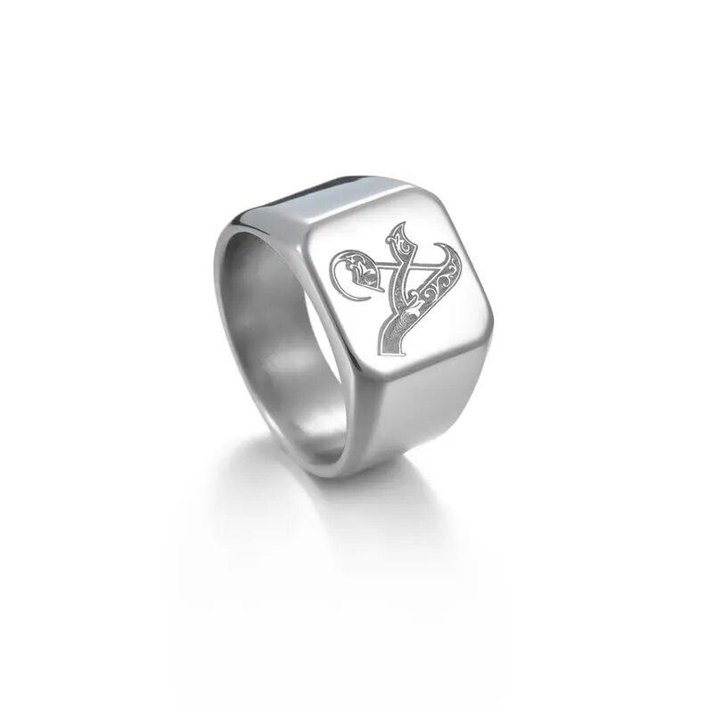 

14 мм массивное кольцо-печатка для мужчин, черное кольцо из нержавеющей стали с гравировкой королевских инициалов, инициальное кольцо с печатью, ювелирные изделия на заказ