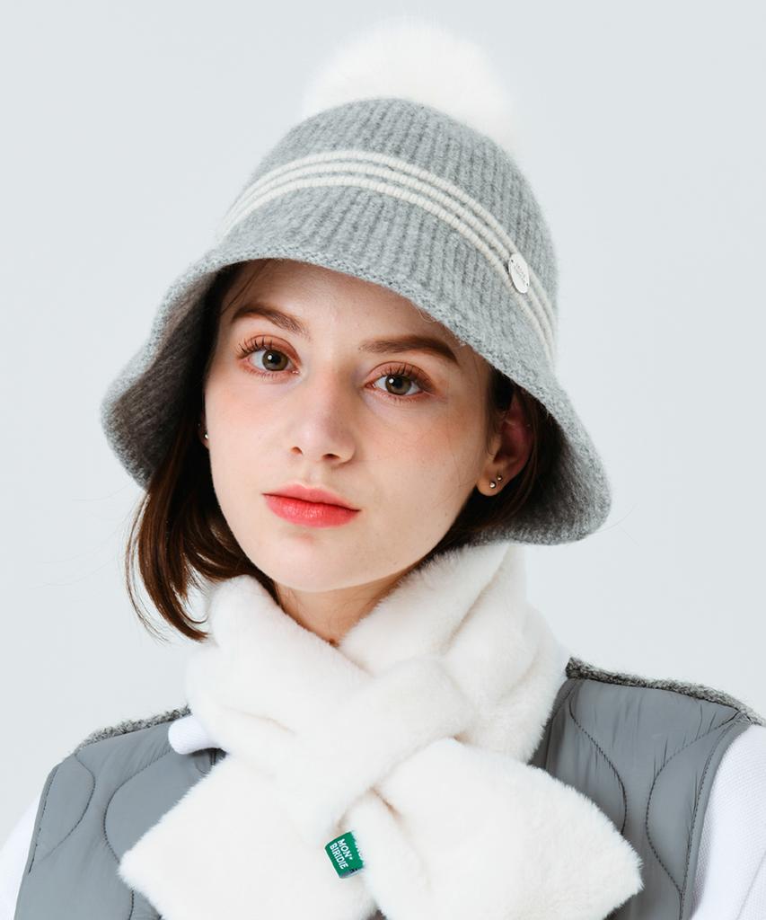 MONBIRDIE GOLF Detachable Fox Pom-Pom Wool Bucket Hat Grey