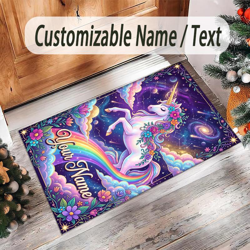 Alfombra de Suelo de Terciopelo de Cristal con Temática de Unicornio, Alfombra Cálida Personalizada con Nombre y Texto, Decoración del Hogar