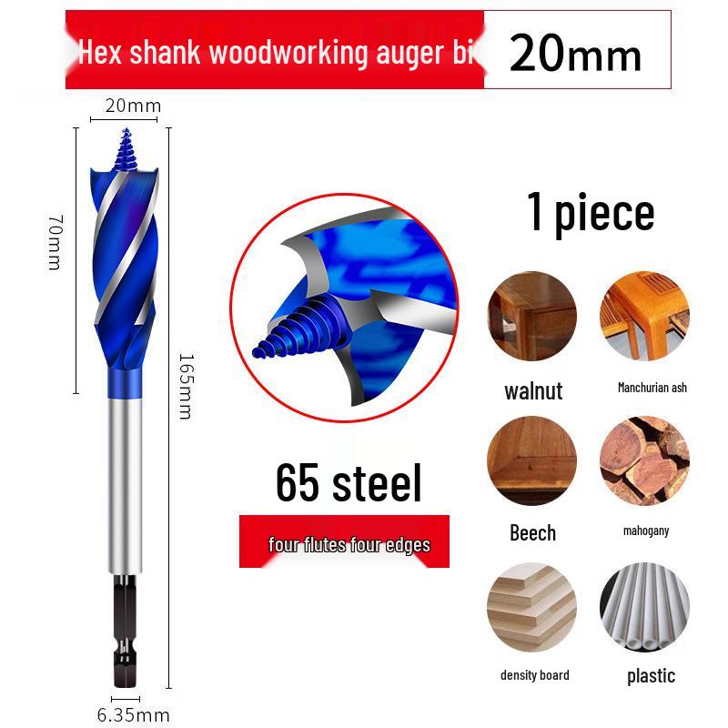 Ruiqi Hex Shank Four-Edge Wood Drill Bit for Door Lock and Drawer Hole Cutting