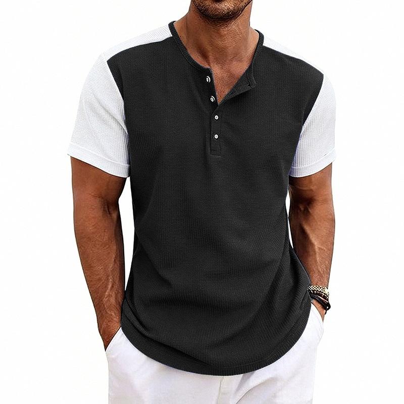 Mens Loose Short Sleeve Waffle Henley T Shirt Summer Casual Top