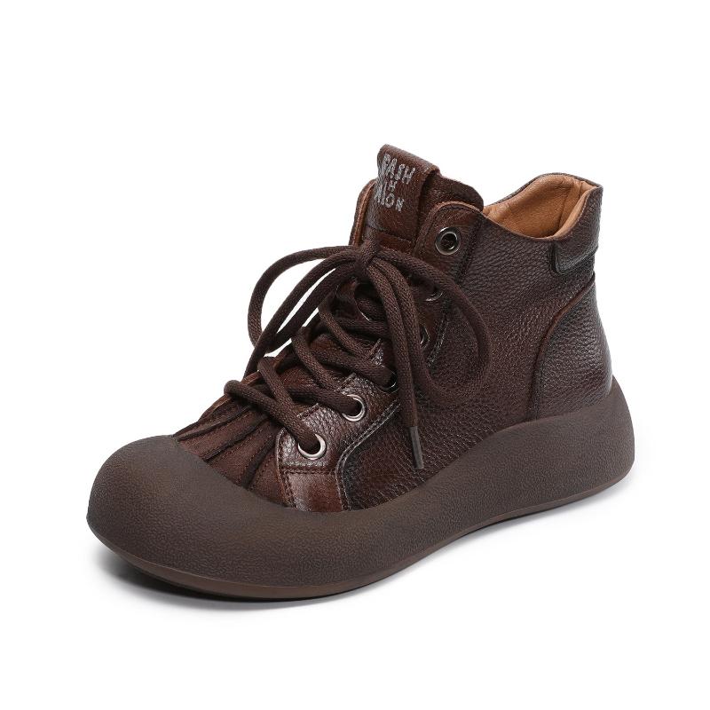 Fashion 2025 Autumn and Winter New 4cm Handmade Genuine Leather Women's Shoes Retro Flat Versatile Soft Cowhide Lace Up Short Boots