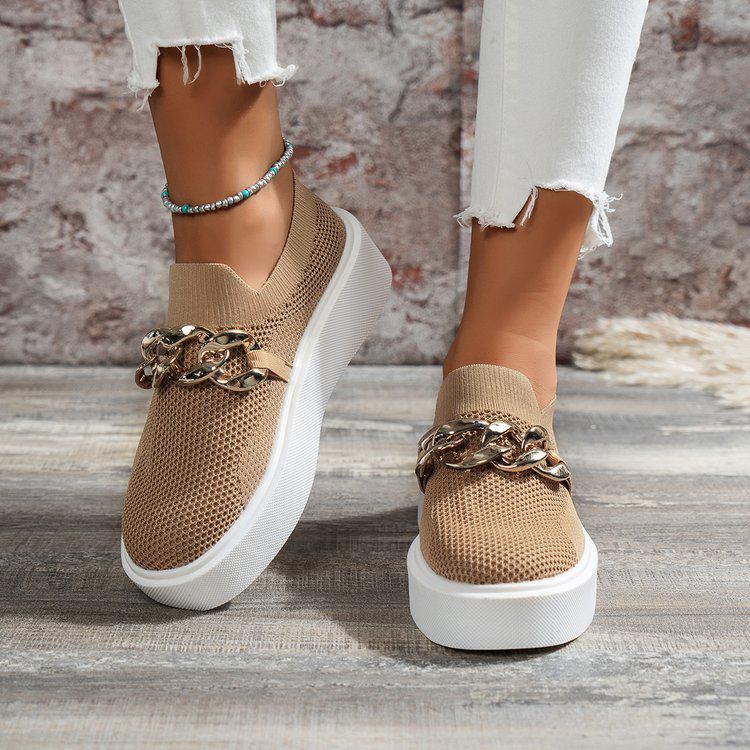 Chunky Sole Fly-Knit Slip-On Loafers with Chain Decoration - Women's Breathable Low-Top Shoes