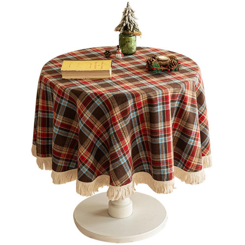 Christmas Tablecloth Round Checkered Fringe Red Green Plaid Vintage Luxury Party Dining Table Cover Decor