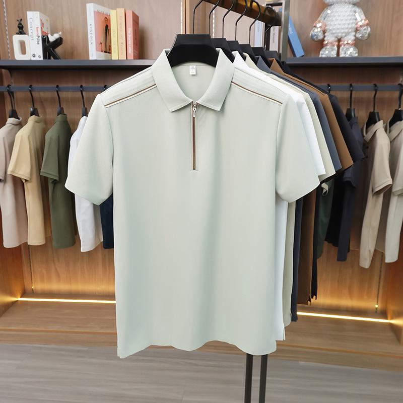 Jin An Men's Seamless Short-Sleeve Spliced Polo Shirt with Half-Zip and Split Hem