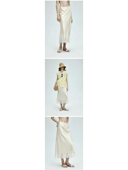 Glossy Satin French Lace Trim Midi A-line Skirt with Elastic Waist