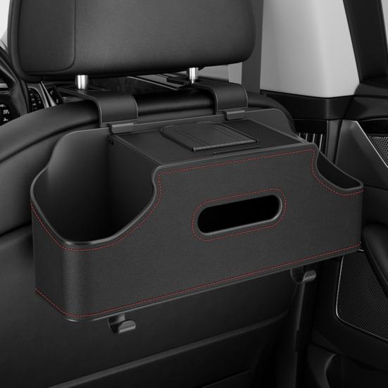 Car Back Seat Organizer with 2 Drink Cup Holder And Tissue Box Waterproof Faux Leather Car Storage Rack