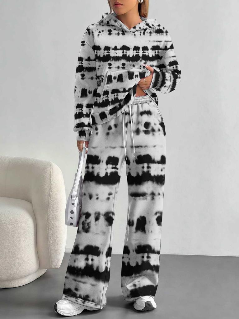 Patchwork Tie-dye European and American Casual Long-sleeve Set, Women's Hoodie Sweatshirt and Pants Two-piece Set