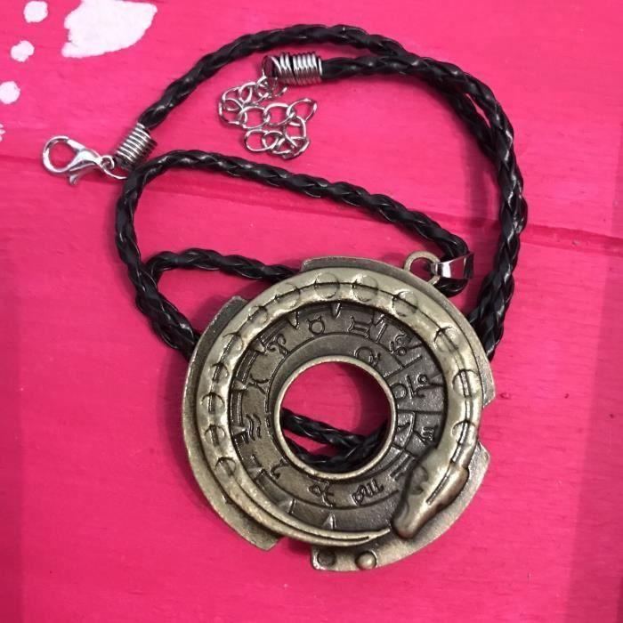 Collier pendentif - Amulette - Serpent - Cuir tressé - 5x5 cm - Chaîne 42 cm