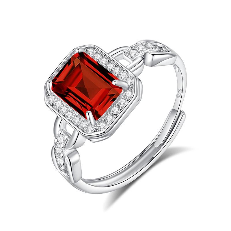 S925 Sterling Silver Square Natural Crystal Ring, Paved Colored Gems Adjustable Band, Luxury European Style Jewelry for Women, Daily Wear & Gift