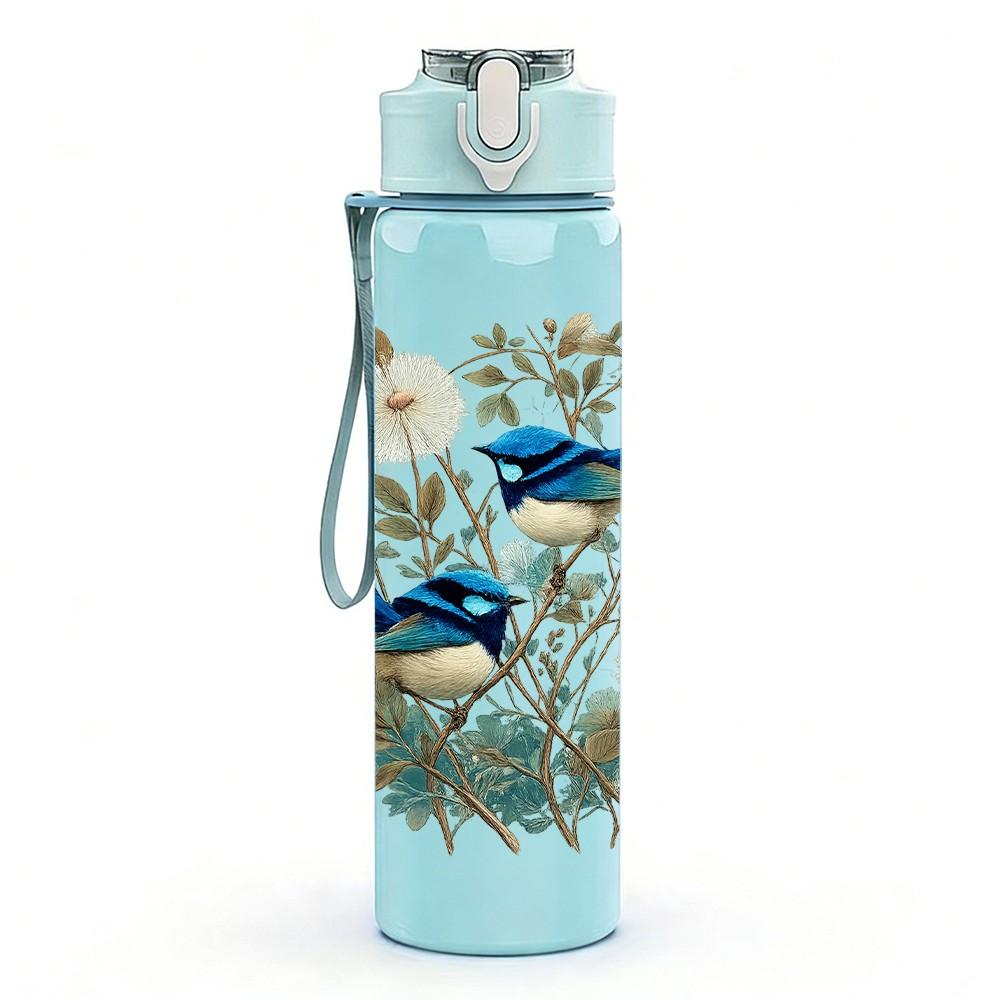1PC Blue Bird Floral Botanical Print 750ml Color Plastic Sports Water Bottle Leakproof Flip Straw Lid Suitable for Sports Office Home Use