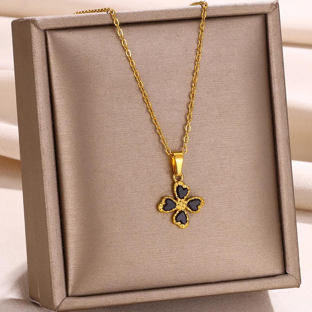 Stainless Steel Luck Clover Pendant Necklaces For Women Vintage Gold Color Flower Charm Clavicle Chain Jewelry Accessories Gift