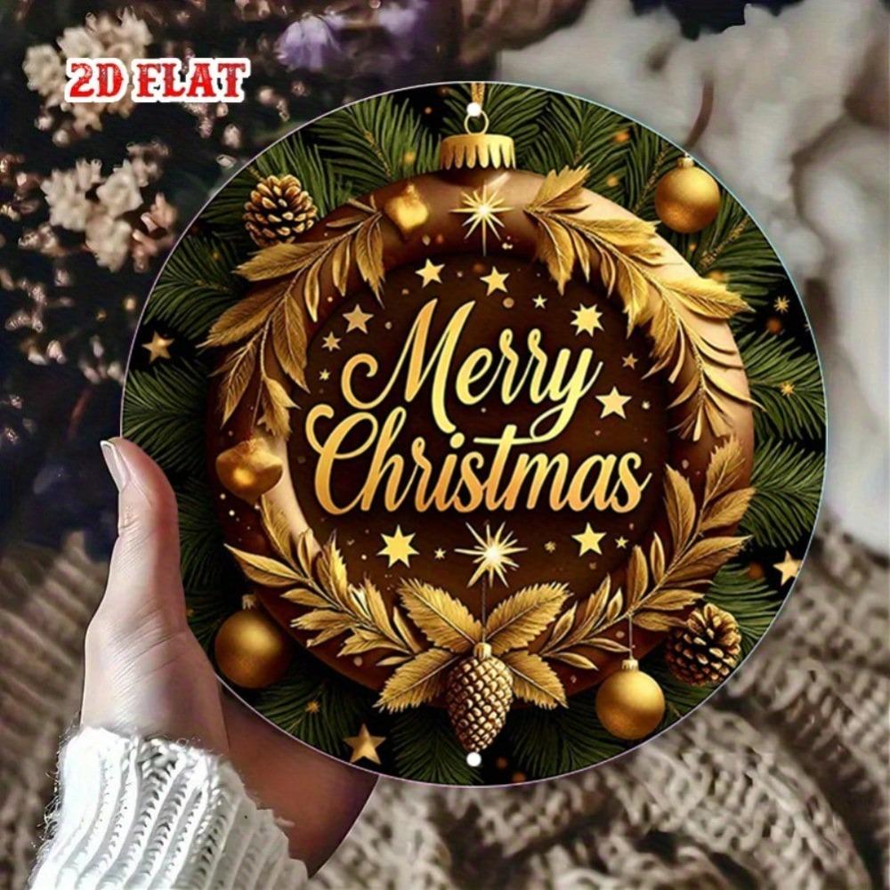 Golden Christmas Wreath Metal Wall Decor Rustic Holiday Sign with Pine Branches Stars Durable Indoor Outdoor Hanging