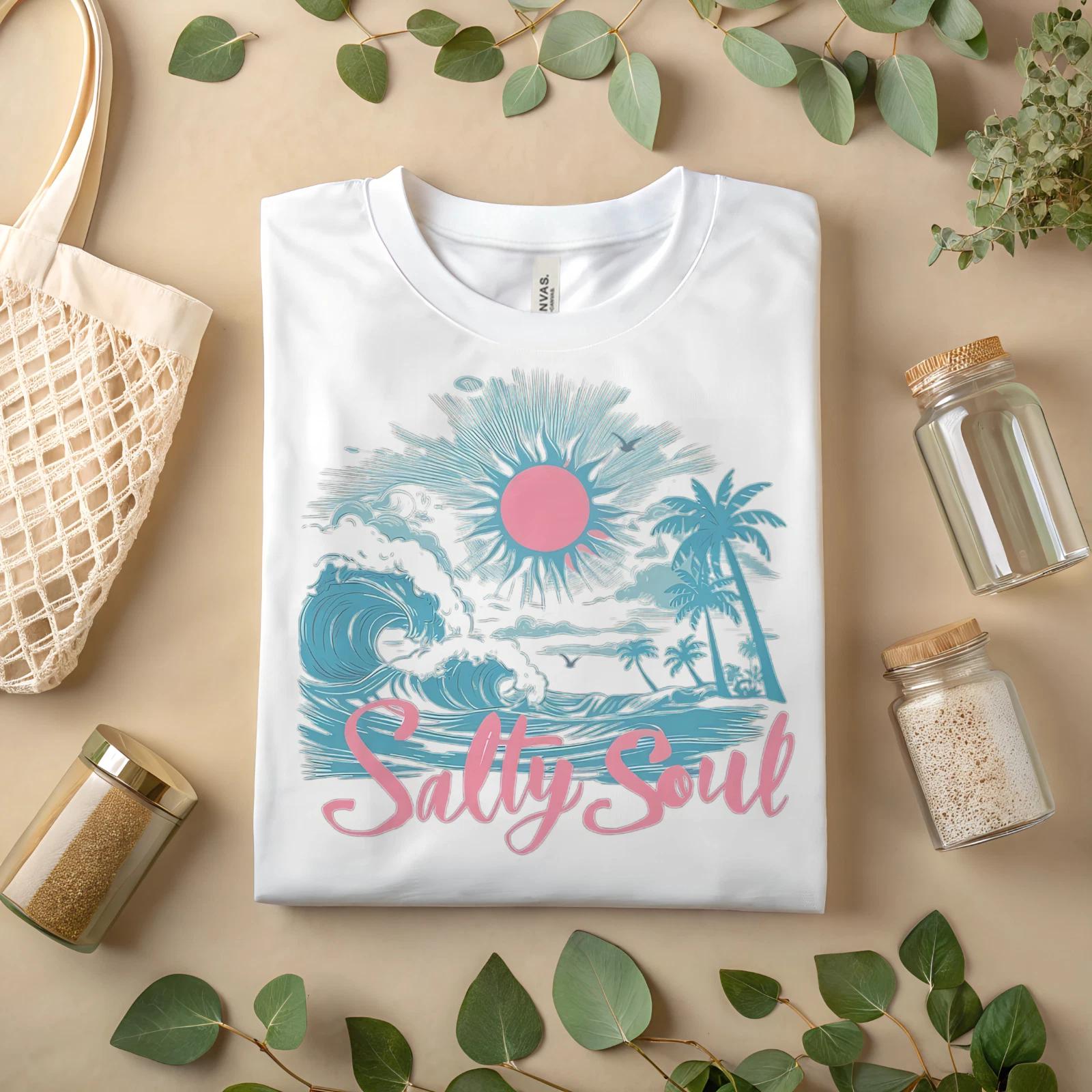 Salty Soul Beach Sunset Palm Tree T-Shirt Summer Surf Ocean Graphic Tee A55 S