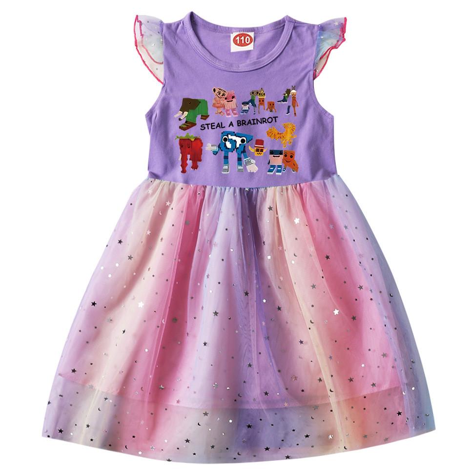 9191 Kids Girls Steal a Brainrot 67 Six Seven Print Ruffle Short Sleeve Sequins Casual Rainbow Dress