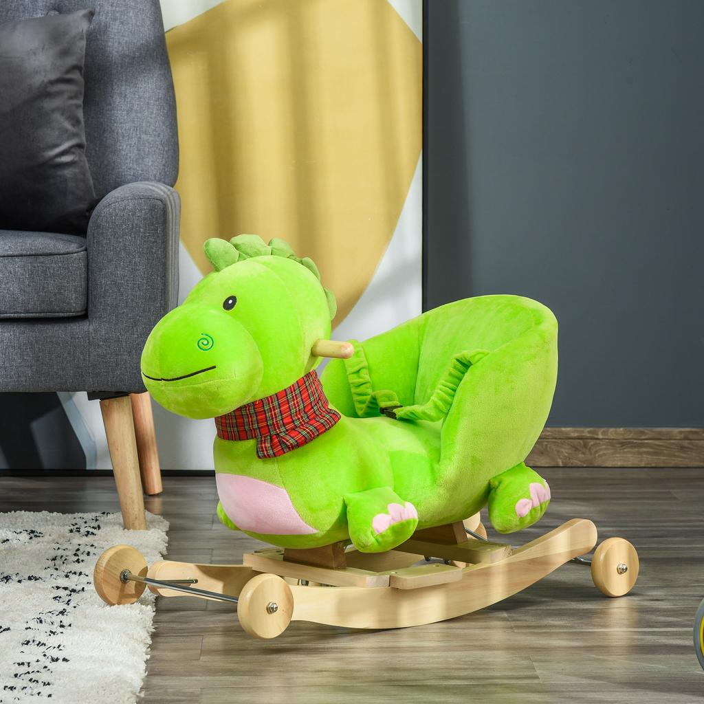 Rocking Horse with Wheels, Dragon-Shaped Rocking Horse for Children 18-36 Months, In Wood and Green Plush