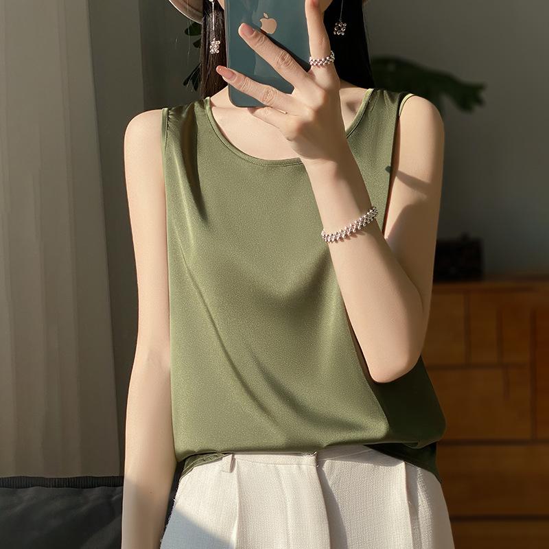Champagne satin sleeveless vest women's spring and summer new outer wear short round neck inner top T-shirt