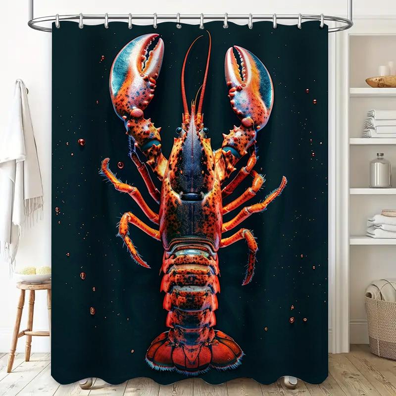 Shower Curtain 3D Printed Waterproof Non-Slip Bathroom Decor Lobster Design in Dark Blue Fabric Shower Curtains for Home Decorat
