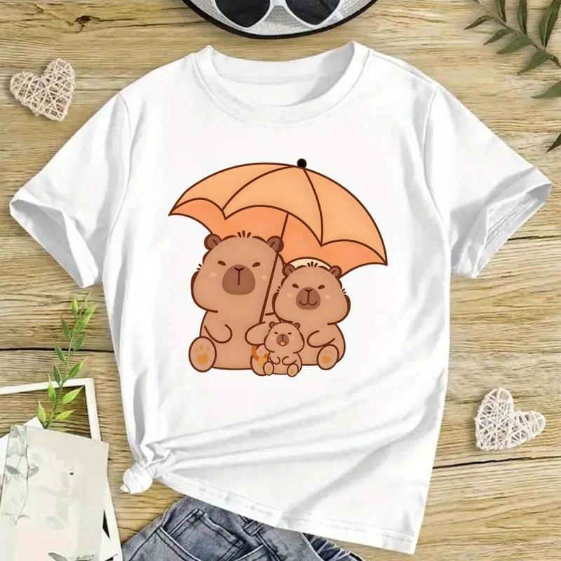 Kids Two Capybara With Umbrella Cartoon Graphic Crewneck Short Sleeve T-Shirt 110 белый