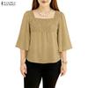 ZANZEA Women Lace Patchwork Square Collar 3/4 Sleeve Elegant Blouse