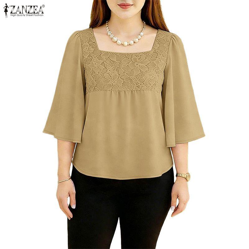 ZANZEA Women Lace Patchwork Square Collar 3/4 Sleeve Elegant Blouse