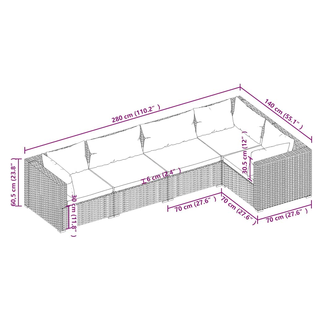 Vidaxl 5-Cz. Garden Lounge Set, Cushions, Polyrattan, Brown