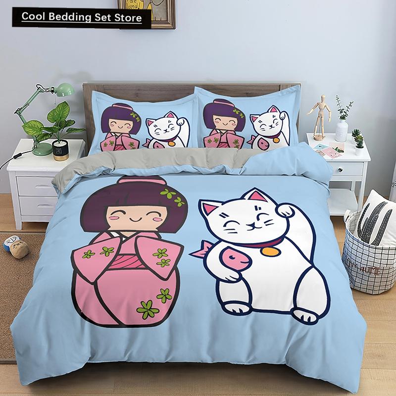 Bettbezug mit japanischer Puppe, bedruckt, King-Queen-Bett, Cartoon-Glückskatze, Bettwäscheset für Kinder und Mädchen, Fan, weiß, 2/3-teilig, Polyester-Bettbezug