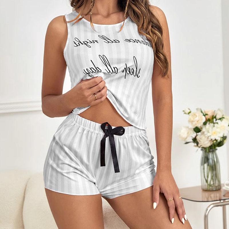 Women Suspenders Shorts Pajamas Set Printed Vest Students Homewear Two-Piece Striped Short-Sleeved Shorts Pajamas Woman