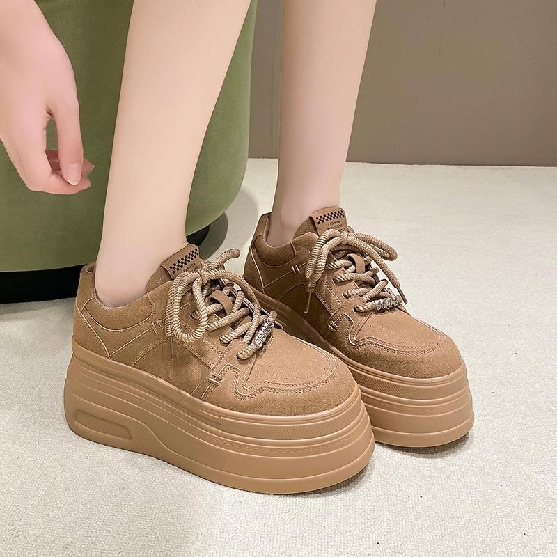 Mote 8CM Dame Lær Sneakers Høst Vår Brun Fritidssko Chunky Sneakers Høy Plattform Sport Skateboard Sko Kvinne