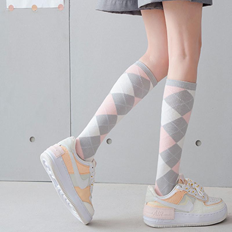 Colorful Spring Pattern ins fashion Diamond plaid Knee socks women Party Queen knee-high stockings Over Knee long ladies girls