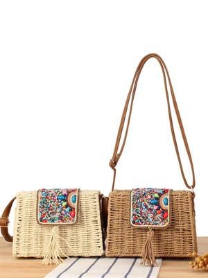 Minimalistyczna pleciona torba crossbody z papierowej liny na wakacje nad morzem