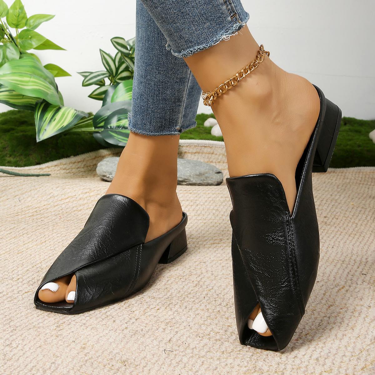 

26 Fashionable Sexy Elegant High-heeled Slippers Women Summer Square Fish Mouth Style Comfortable Casual Slippers 35 чёрный