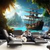 Piratenschiff Wandteppich, Segelschiff an tropischer Insel mit Wasserfall, Abenteuer Meeres-Wandkunst für Wohnzimmer Schlafzimmer