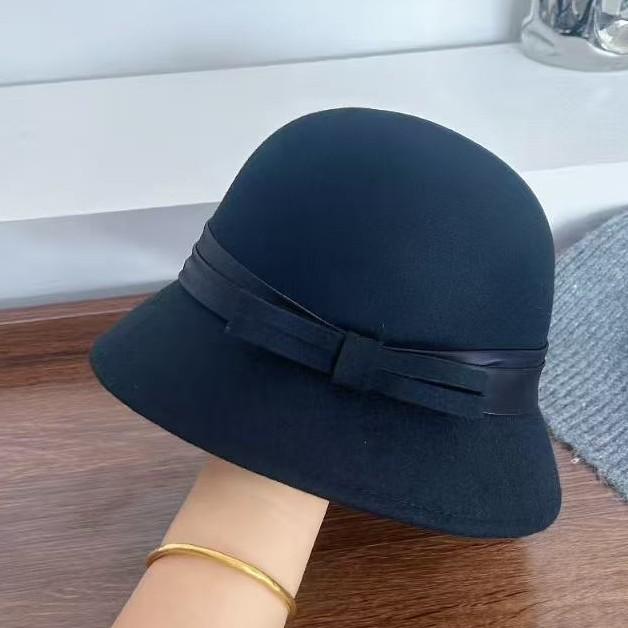 Hepburn Celebrity Style Wool Woolen Small Brim Basin Hat Women's Autumn and Winter Top Hat Simple and Elegant Bow Bucket Hat
