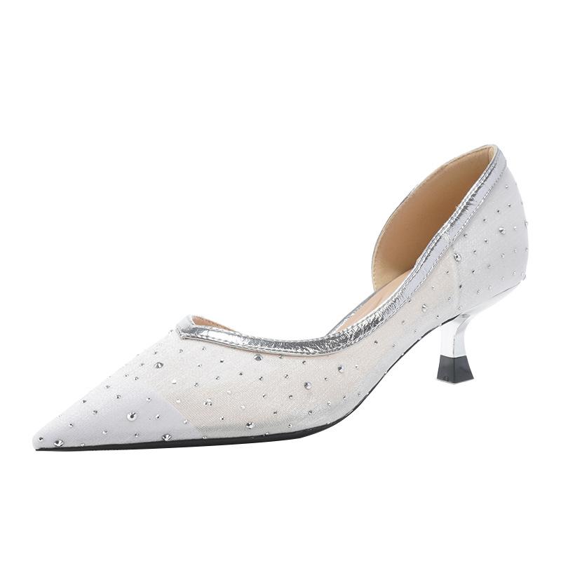 Celebrity Temperament Mesh Point Diamond High Heels Women's Thin Heels Side Empty Pointed Single Shoes Bag Head Sandals Breathable