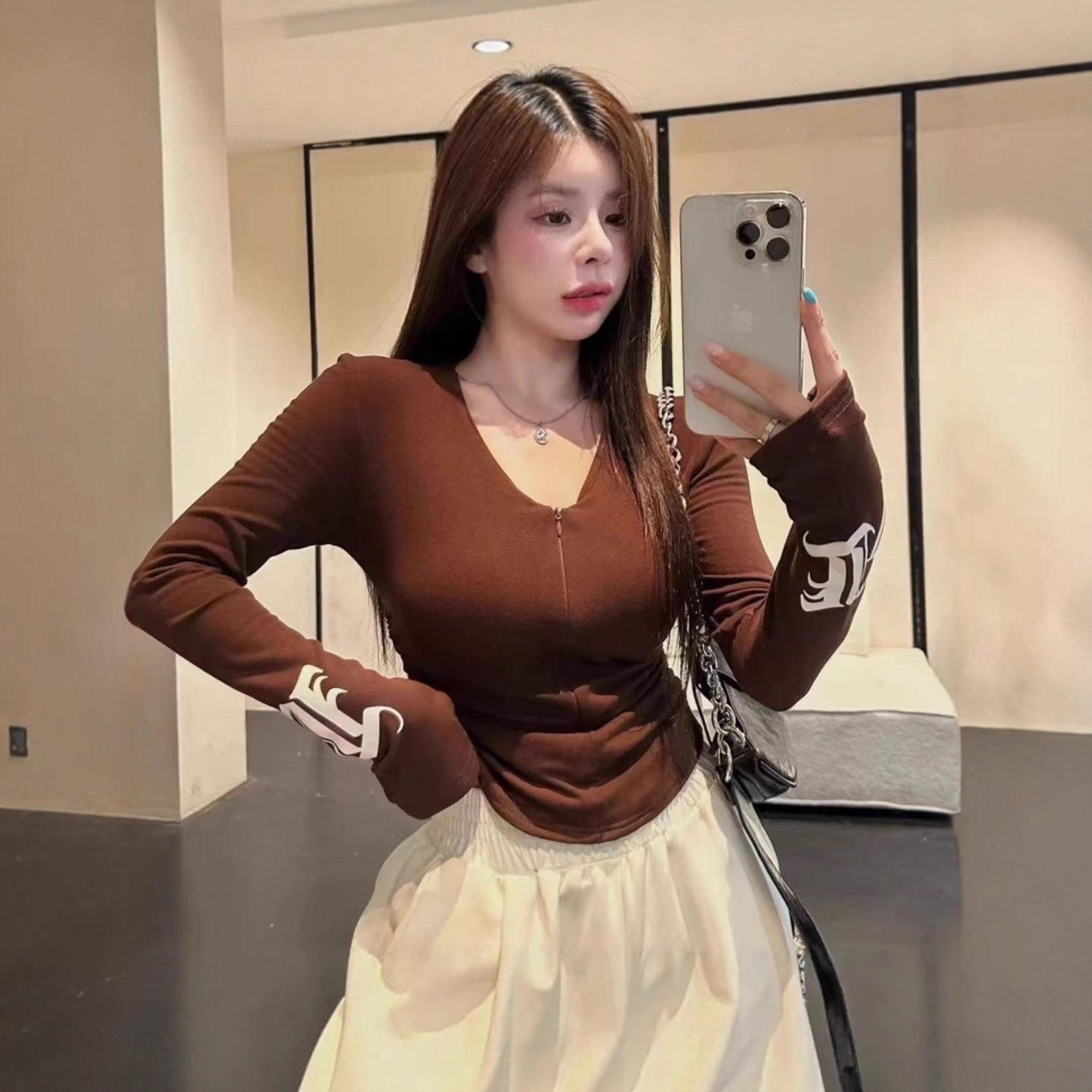 

Women s Coffee Color Slim Fit Long-Sleeve T-Shirt with Sleeve Print - Stylish, Niche Design, Flattering Short Top Medium