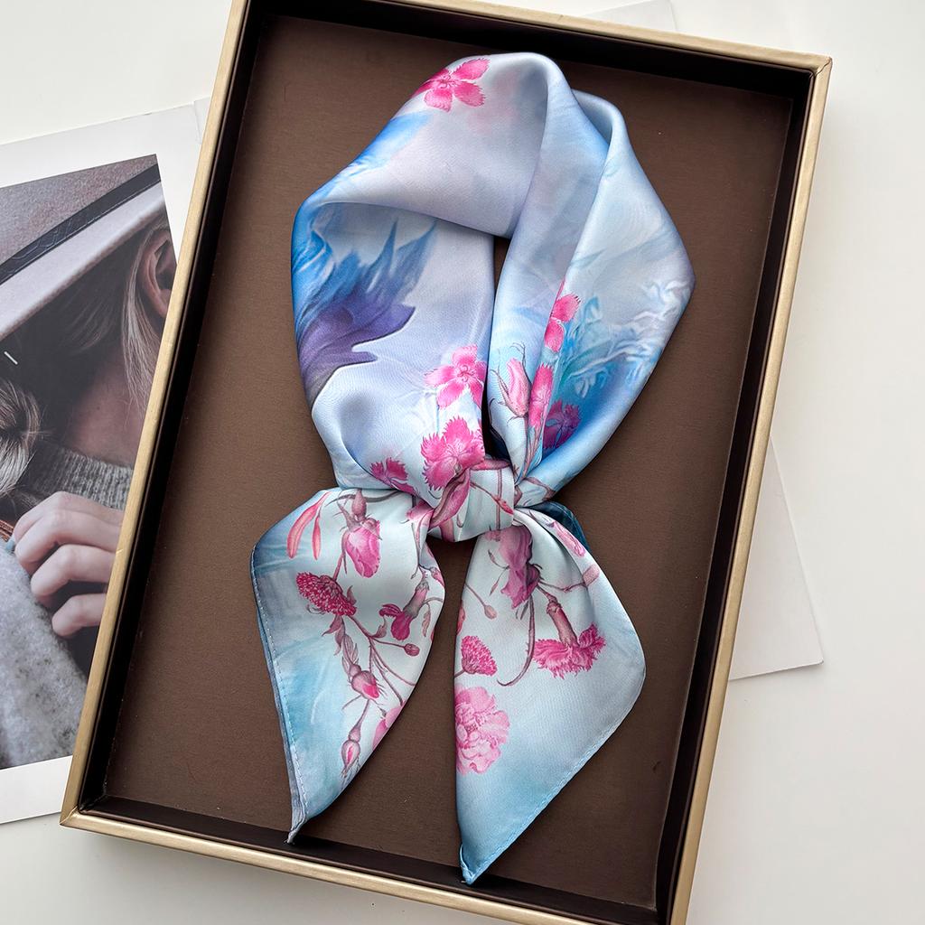 Luxury Square Scarf For Women Elegant Floral Print Ladies Hijab Neckerchief Fashion Shawl Soft Stain Imitation Silk Bandana