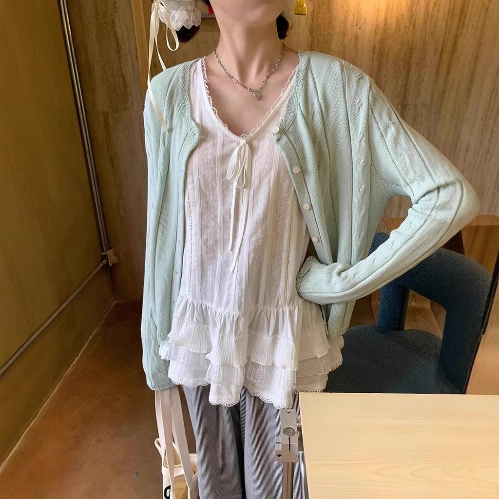Summer Women's New Japanese Fashion Casual Pure Desire Style Lace Splicing Lace-up Doll Shirt Sleeveless Vest Top