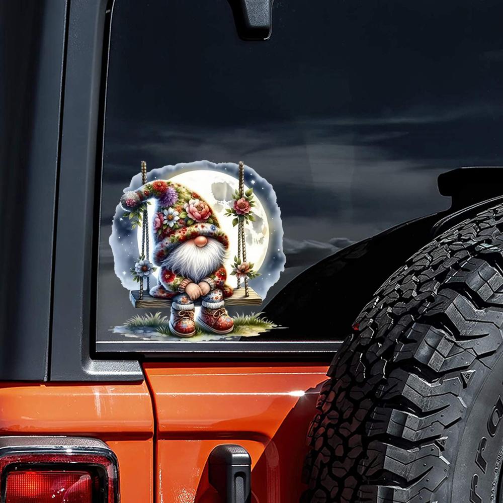 QT2388#15cm Gnome On Swing Under Moon Waterproof Car Decorative Decal, Suitable for Cars, Laptops, Bumpers, Glass Window Sticker