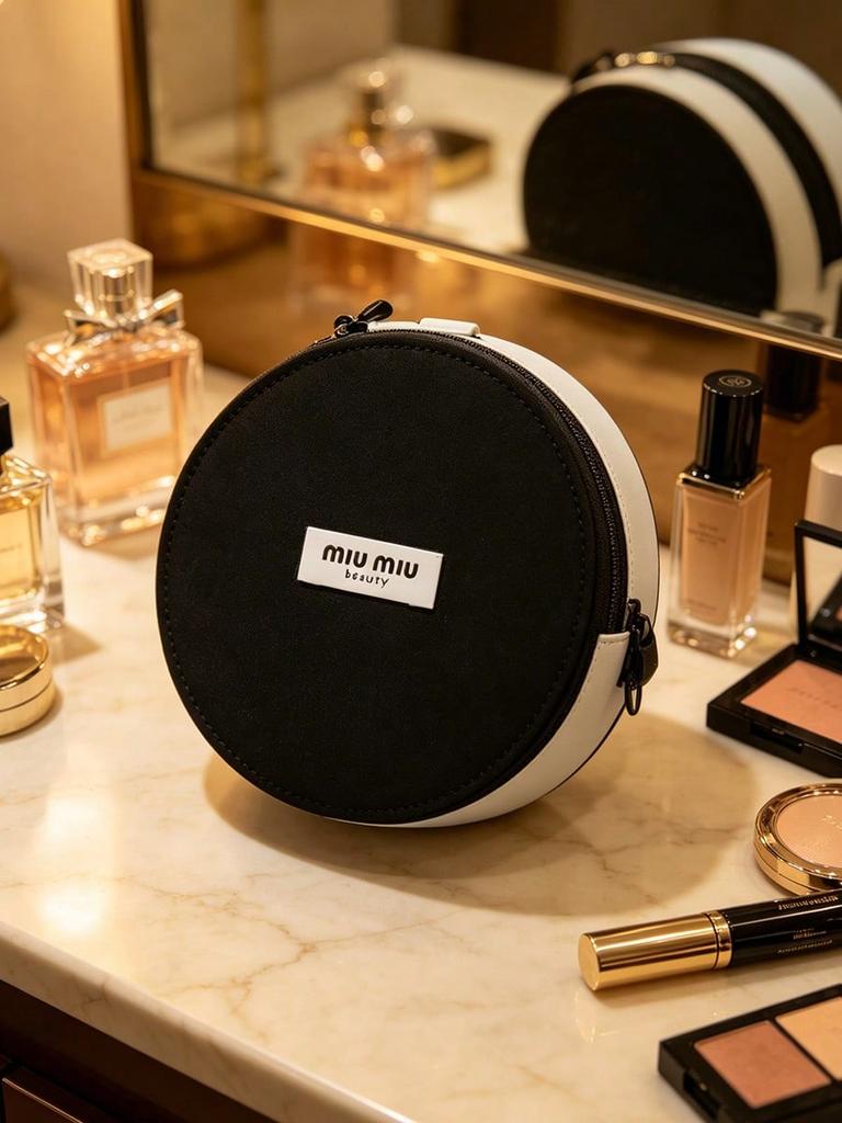 MIUMIU Round Black White Color Block Makeup Bag Label Logo Portable Travel Cosmetic Wash Bag for Women