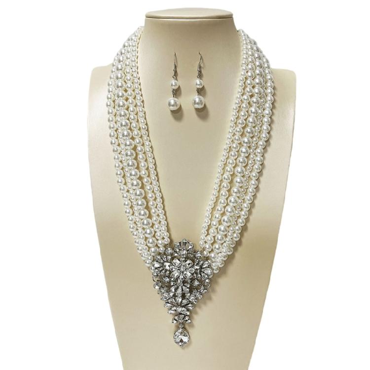 

Luxurious Crystal Adorned Layering Pearls Necklace Earrings Set Handmade Jewelry Lightweight Formal Accessories 1