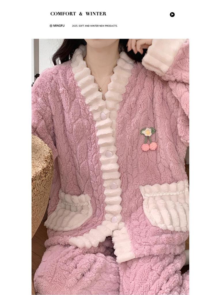 Winterpyjama aus Korallenfleece für Damen: Dickes, warmes Flanell-Loungewear-Set im süßen Stil