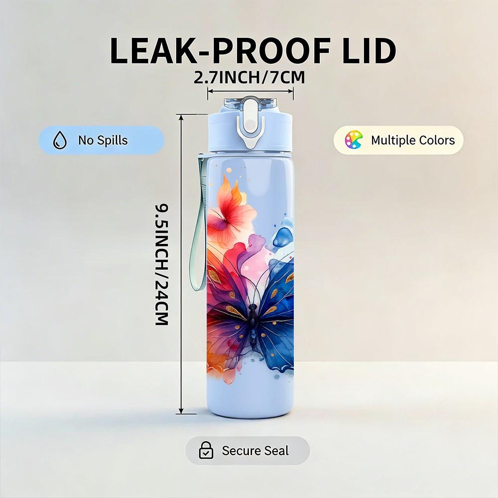 1PC Gradient Watercolor Butterfly Pattern 750ml Color Plastic Sports Water Bottle Leakproof Flip Straw Lid Suitable for Sports Office Home Use