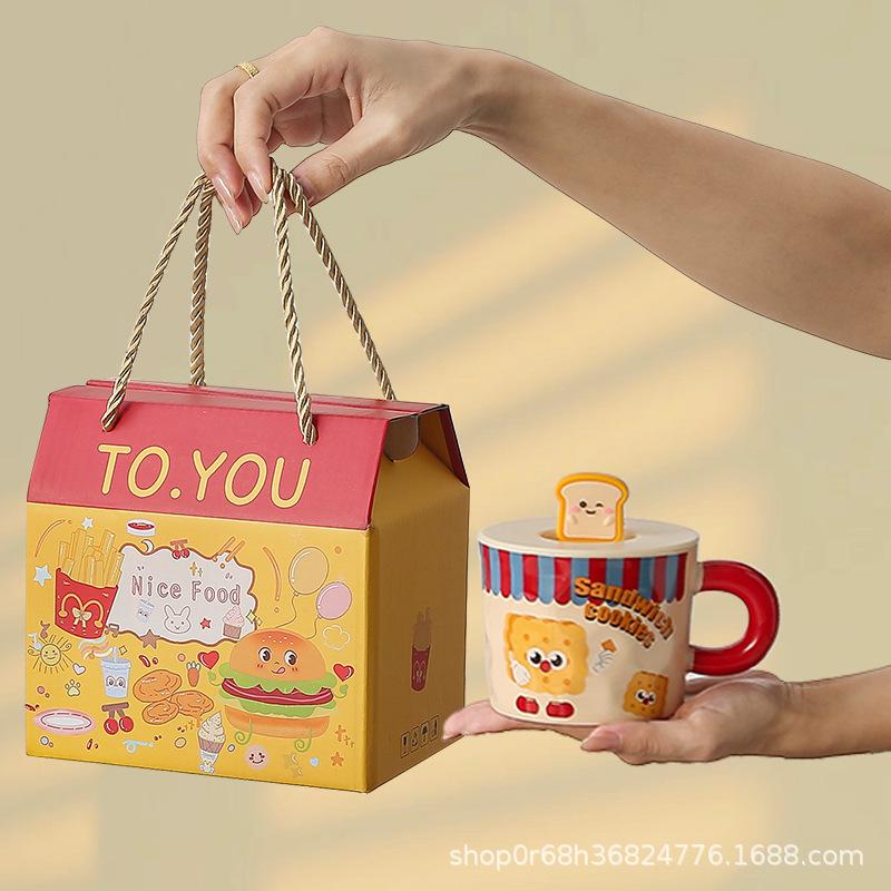Cute Ceramic Cup Household Mug with Lid Spoon Cartoon Water Cup Female Student Dormitory Breakfast Milk Coffee Cup