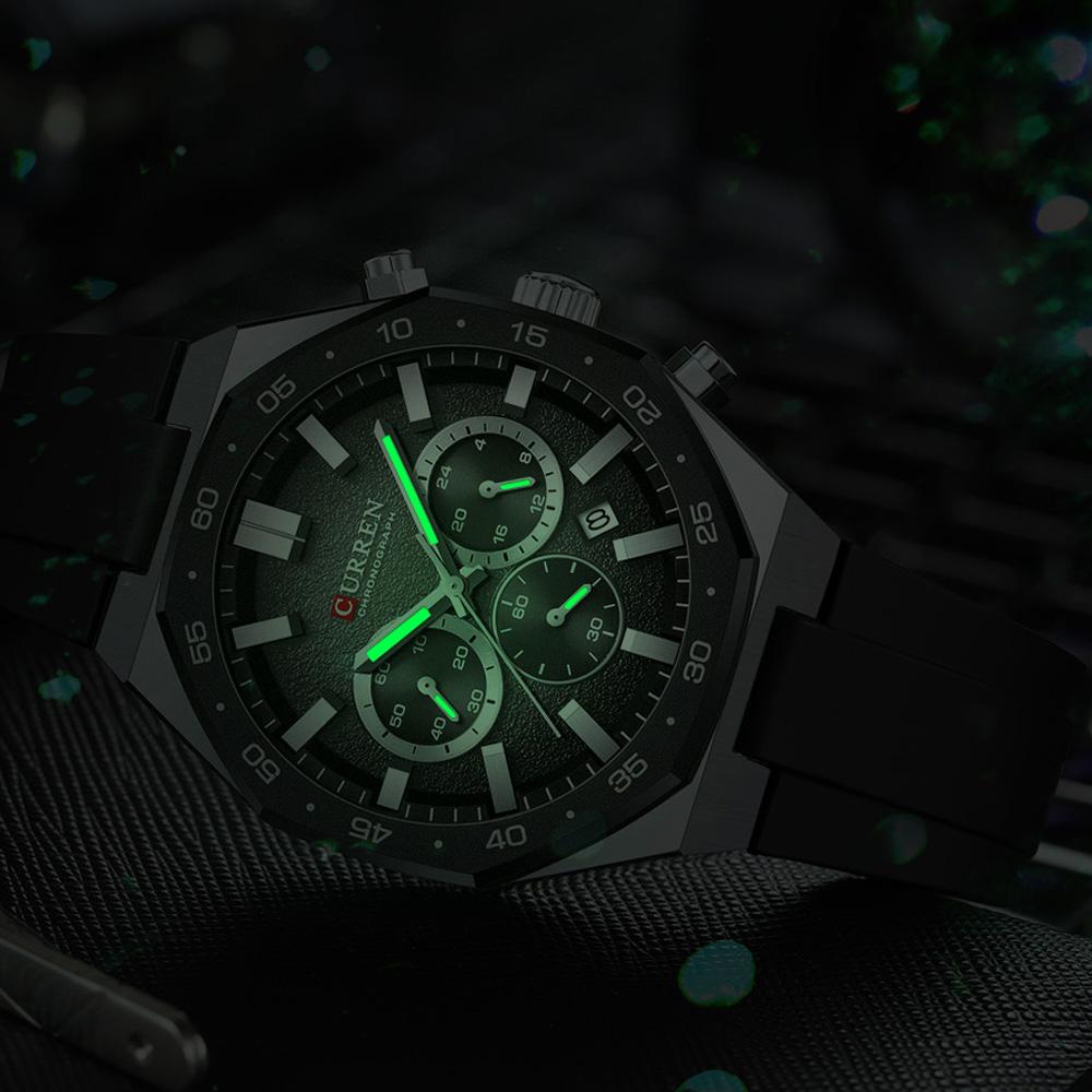 CURREN Men's Sports Chronograph Wristwatch with Black Silicone Band Auto Date Luminous Hands Quartz Watch for Men