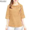 ZANZEA Women Summer O-neck Casual 3/4 Sleeve Floral Embroidery Blouse
